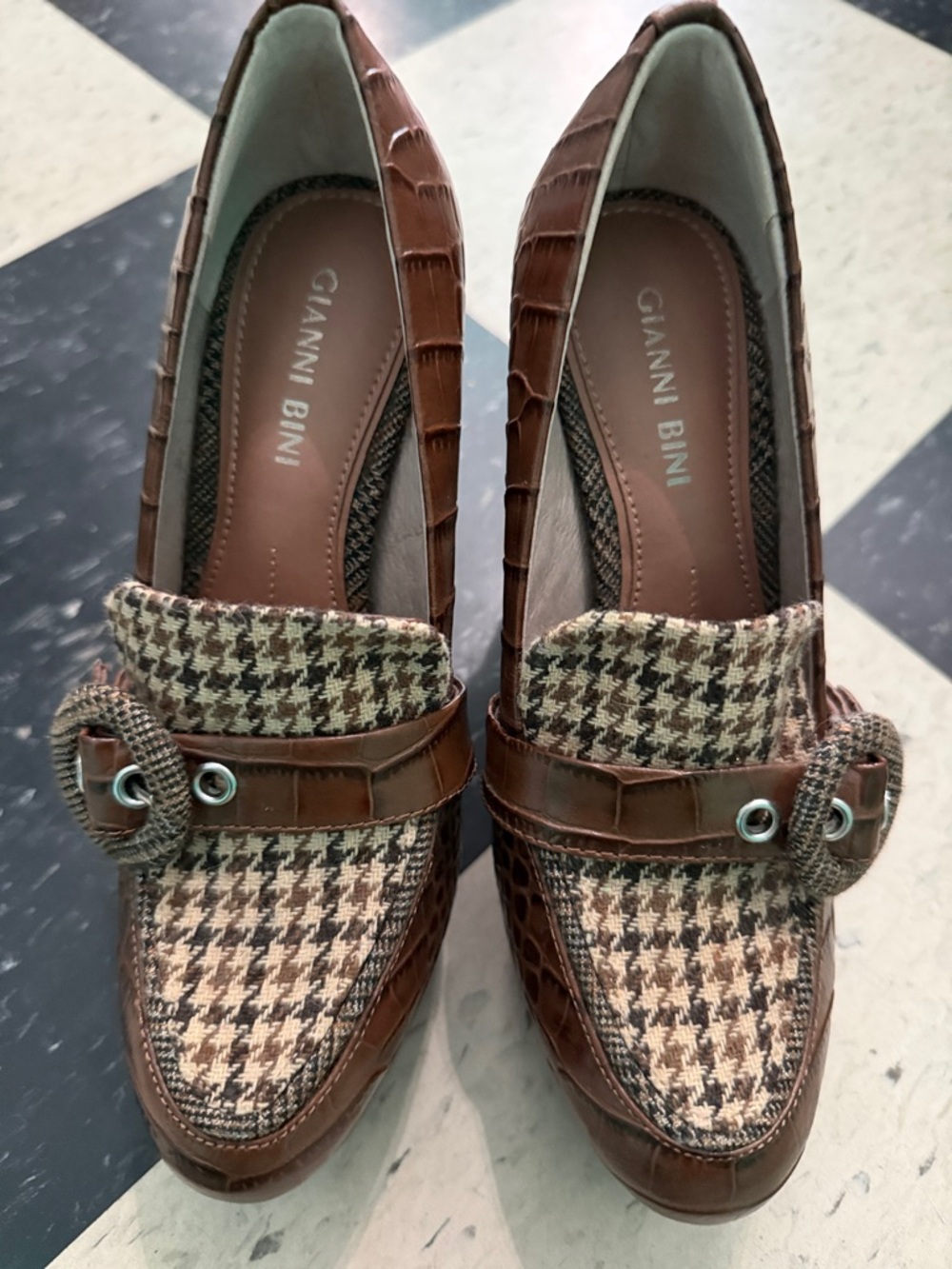 Gianni Bini Brown Houndstooth Croc-Trim Heels